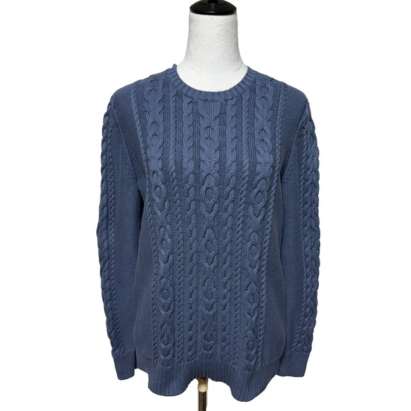 L.L. Bean Sweater Womens Large Blue Cable Knit Double L Mixed Fisherman Crew - Picture 1 of 10